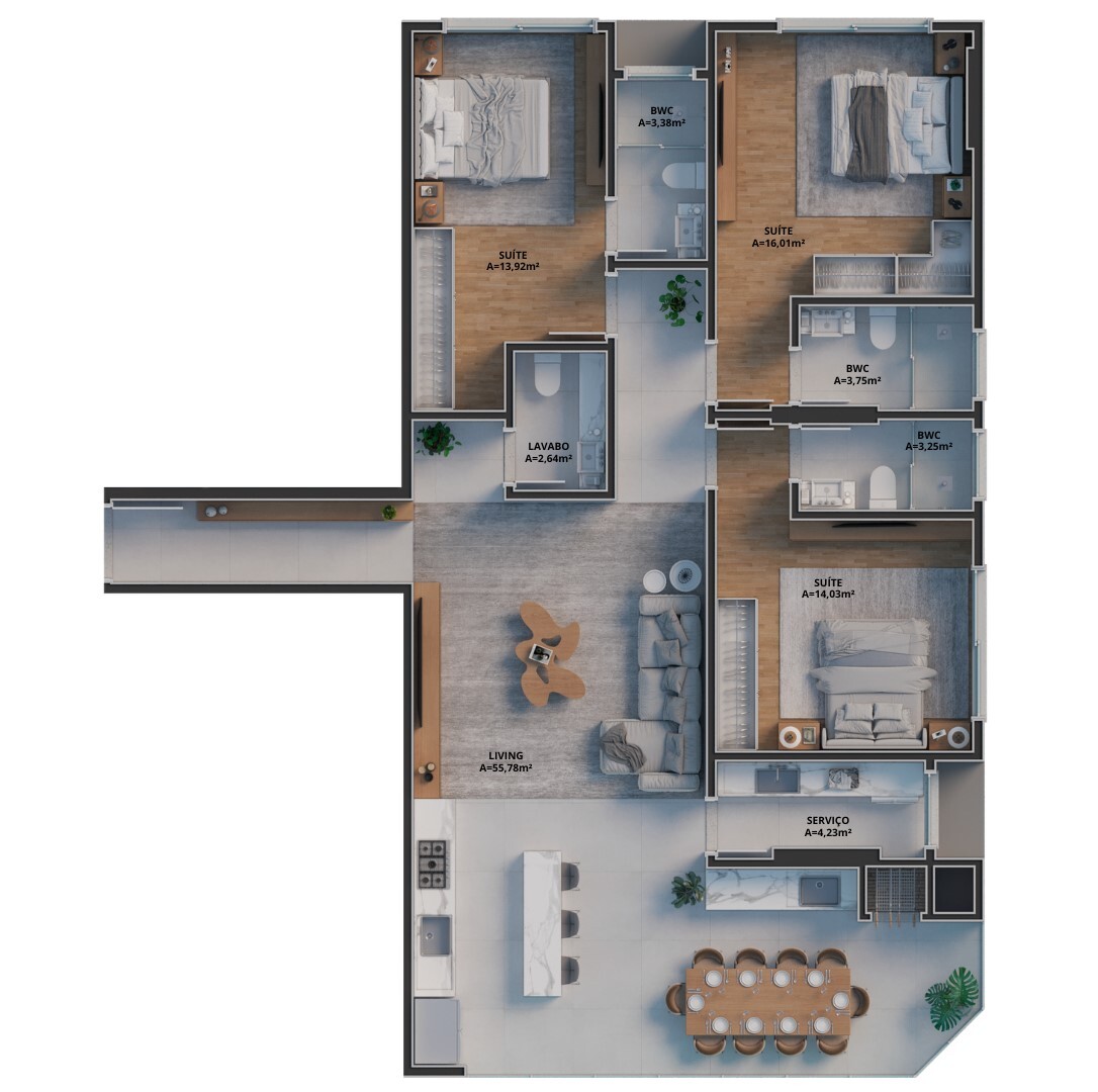 Planta 03 - 3 dorm 133,95m²