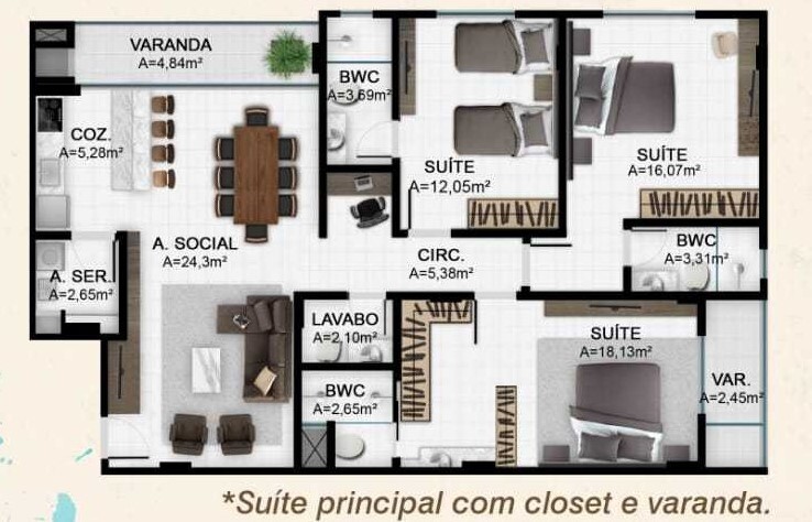 Planta 02 - 3 dorm 118m²