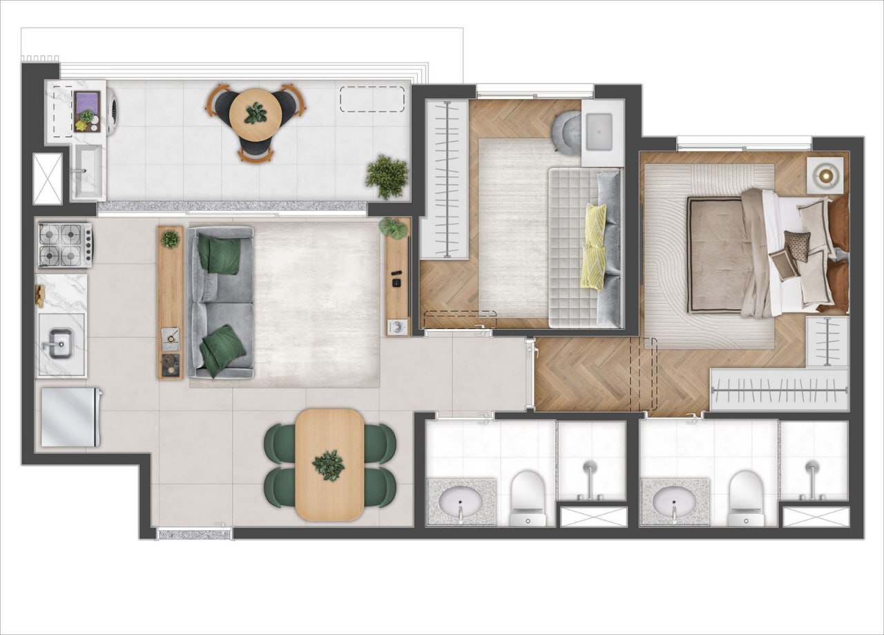 Planta 01 - 2 dorm 47m²