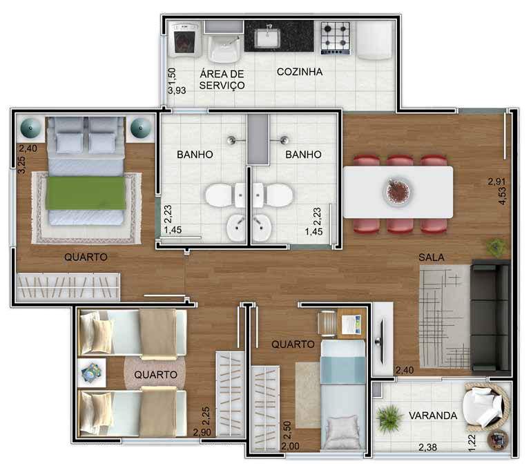 Planta 03 - 3 dorm 55m²