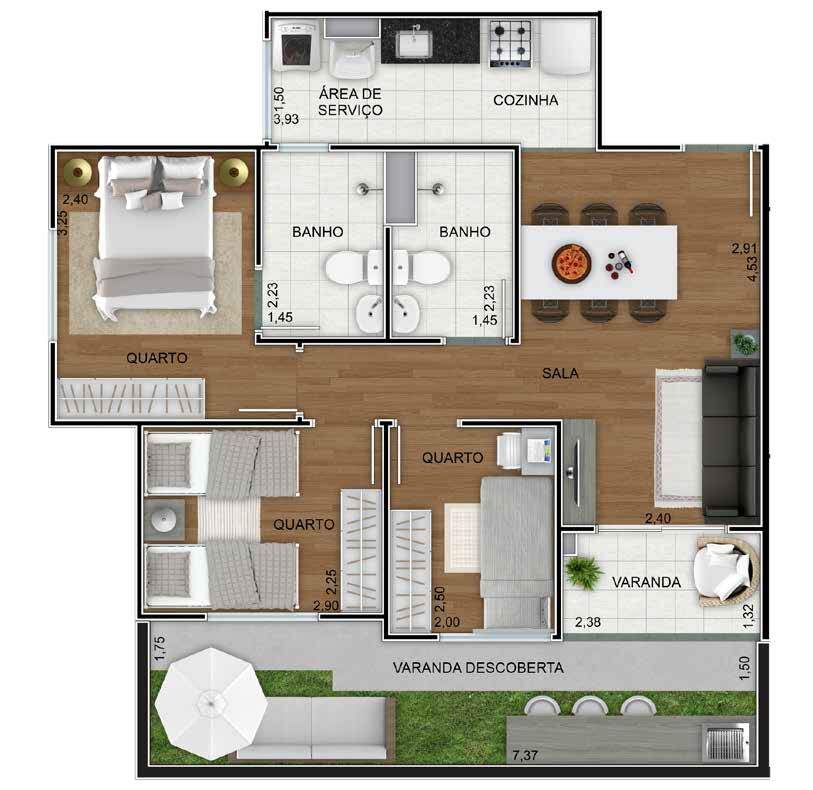 Planta 05 - 3 dorm 69m² - garden
