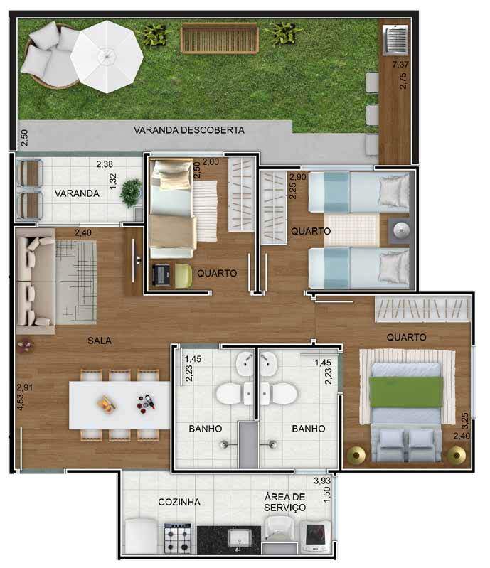 Planta 07 - 3 dorm 77m² - garden