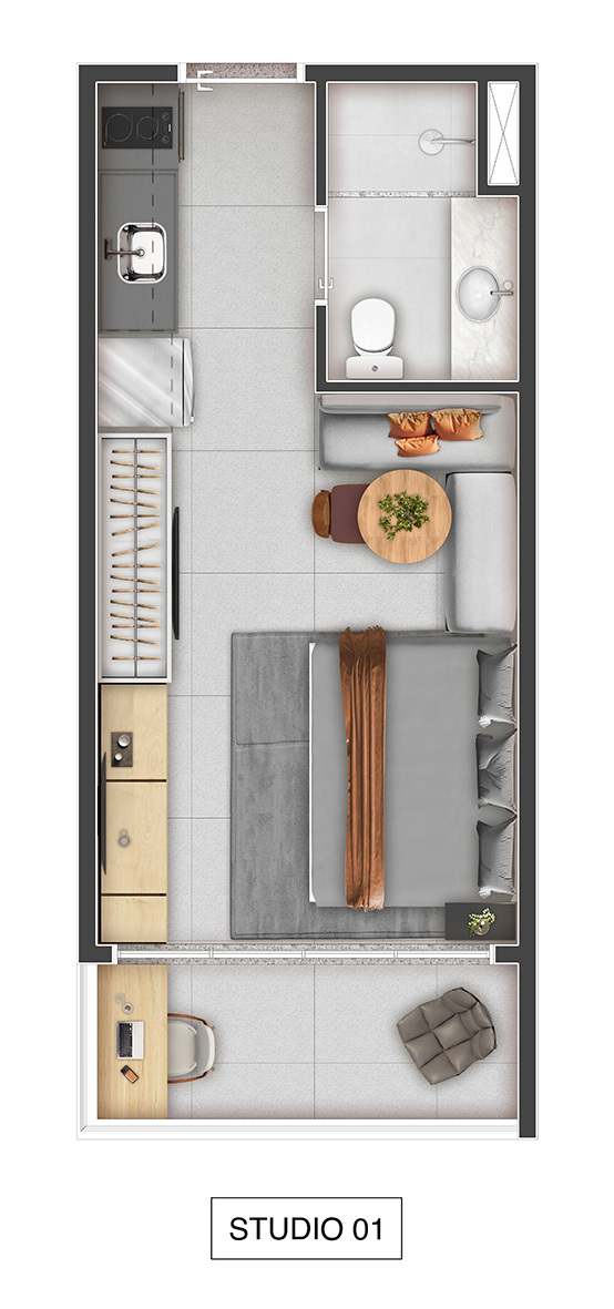 Planta 01 - 1 dorm 25,46m² - studio