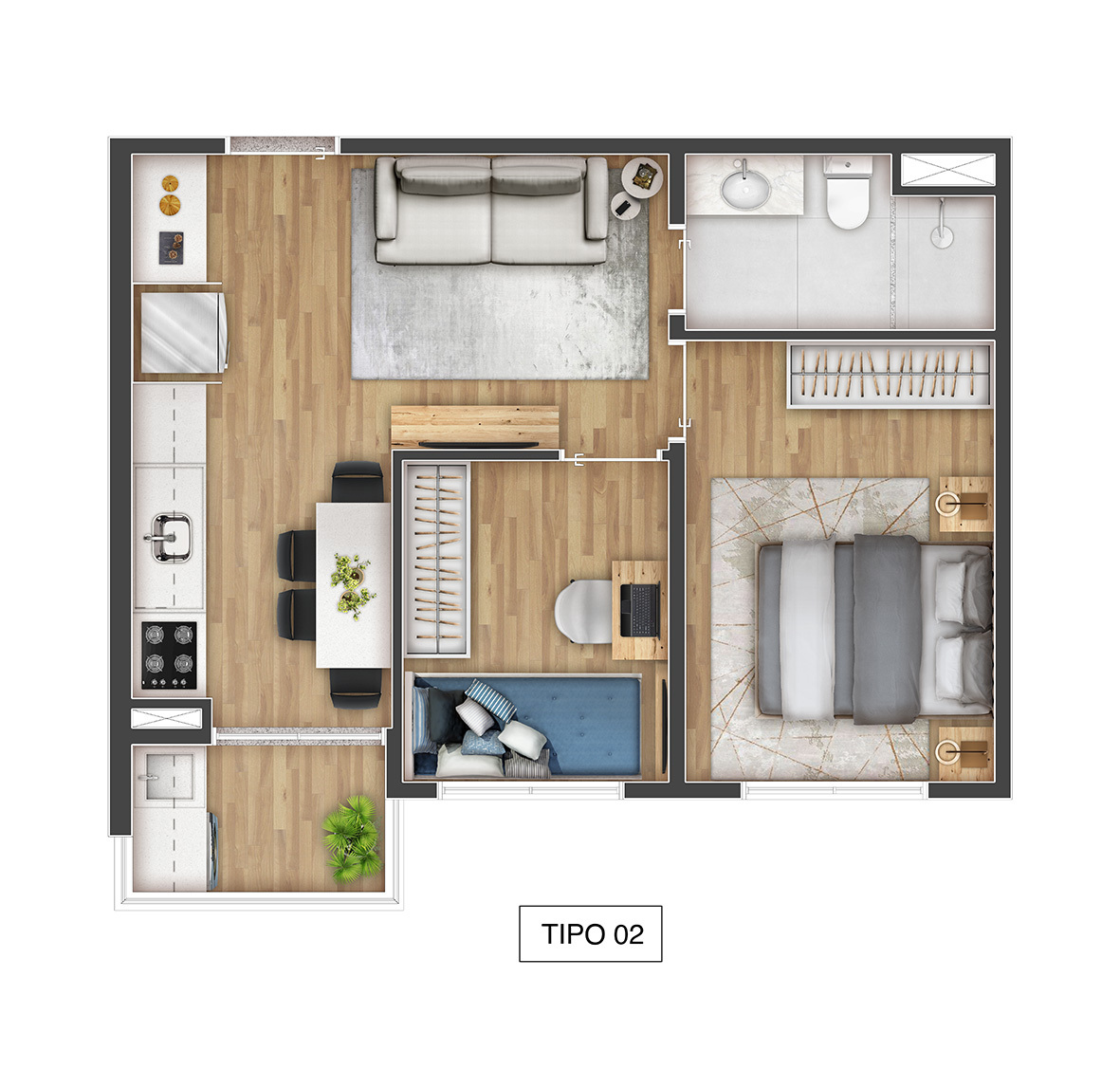 Planta 02 - 2 dorm 39m²