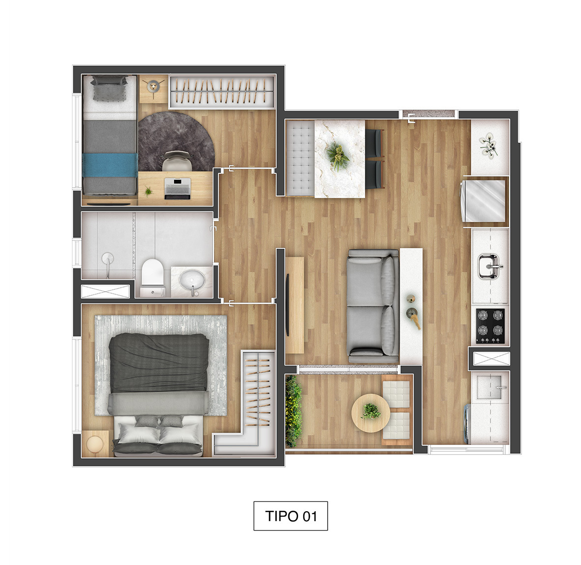 Planta 03 - 2 dorm 39m²