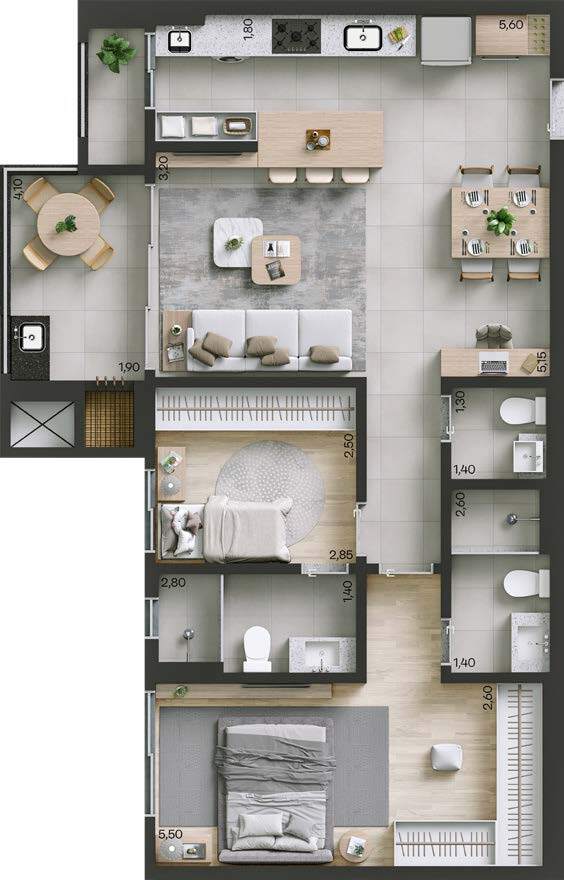 Planta 01 - 2 dorm 84m²
