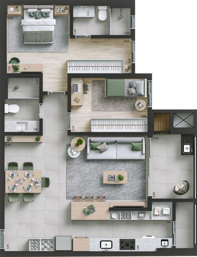 Planta 02 - 2 dorm 85m²