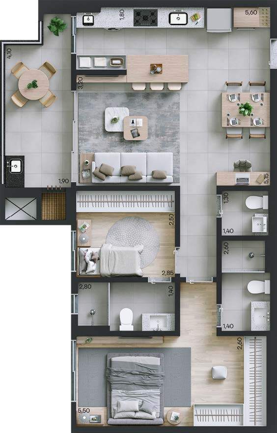 Planta 03 - 2 dorm 85m²