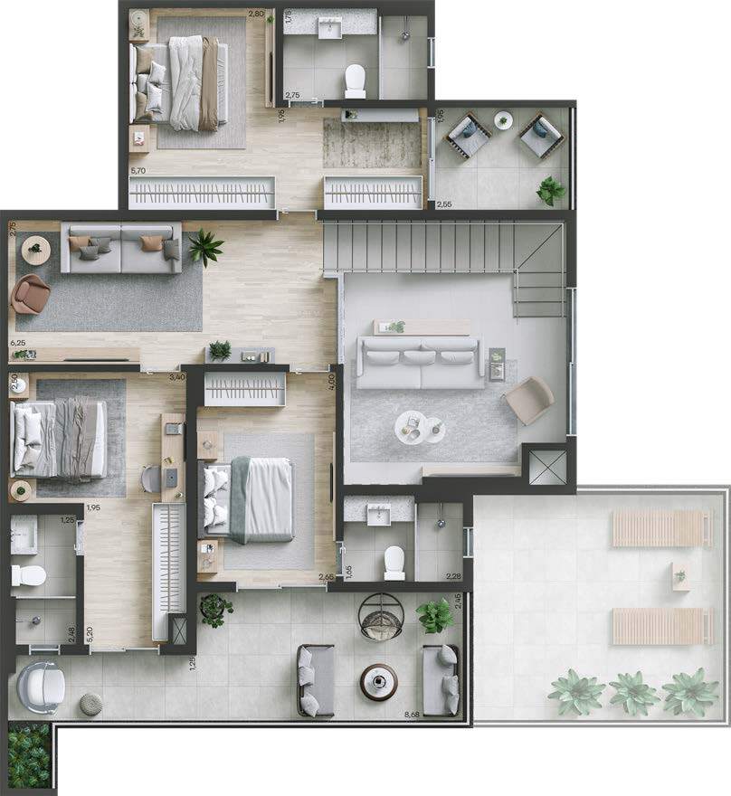 Planta 16 - 3 dorm 178m² - cobertura duplex - superior