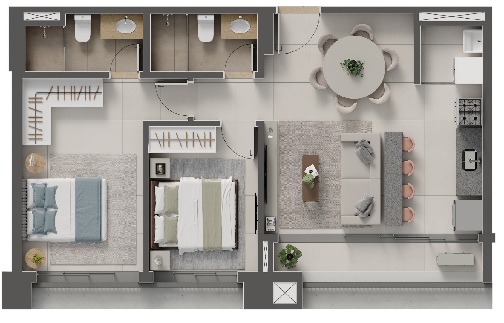 Planta 01 - 2 dorm 64,13m²
