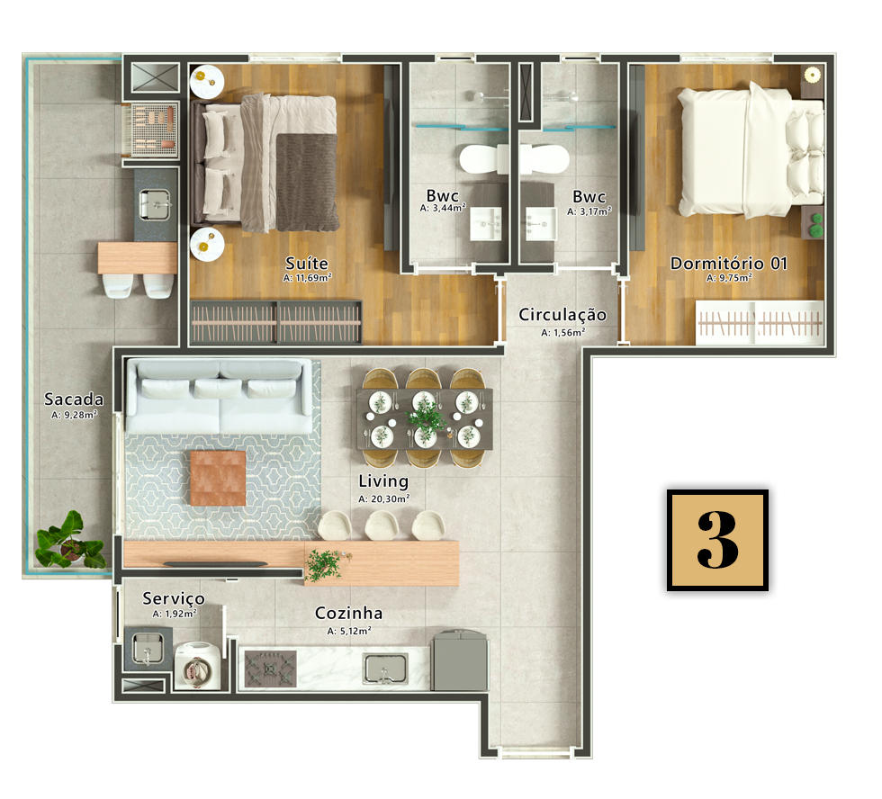 Planta 01 - 2 dorm 76,20m²