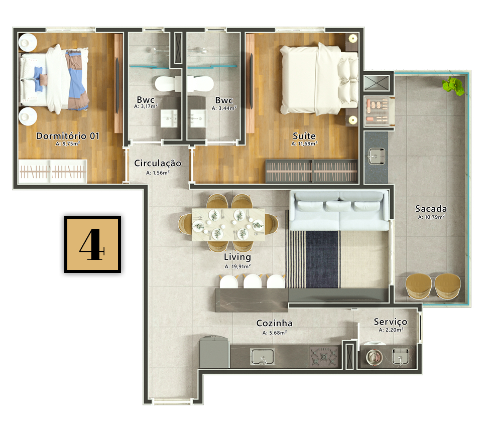 Planta 02 - 2 dorm 78,40m²