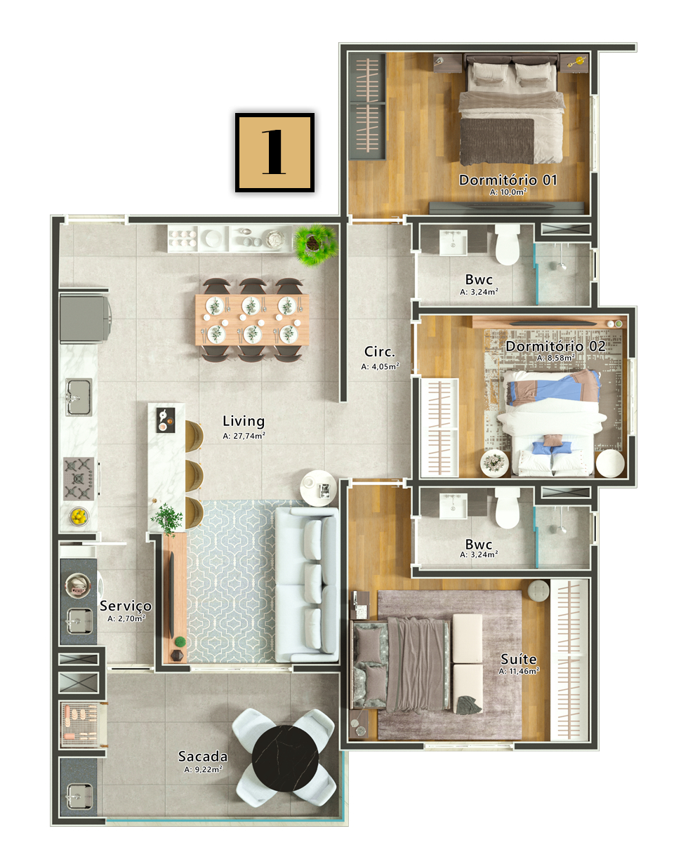 Planta 03 - 3 dorm 91,60m²