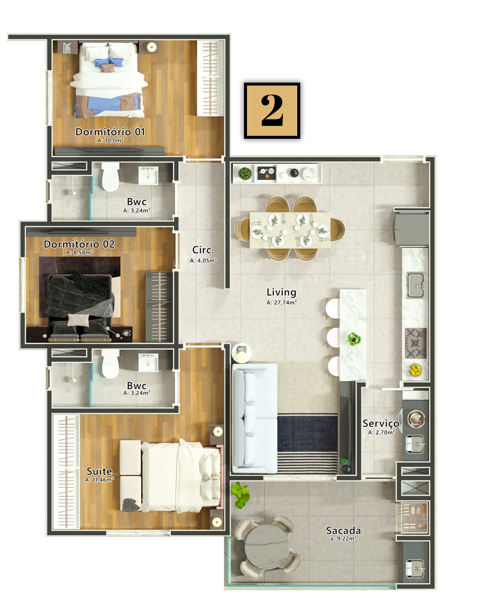 Planta 04 - 3 dorm 91,60m²