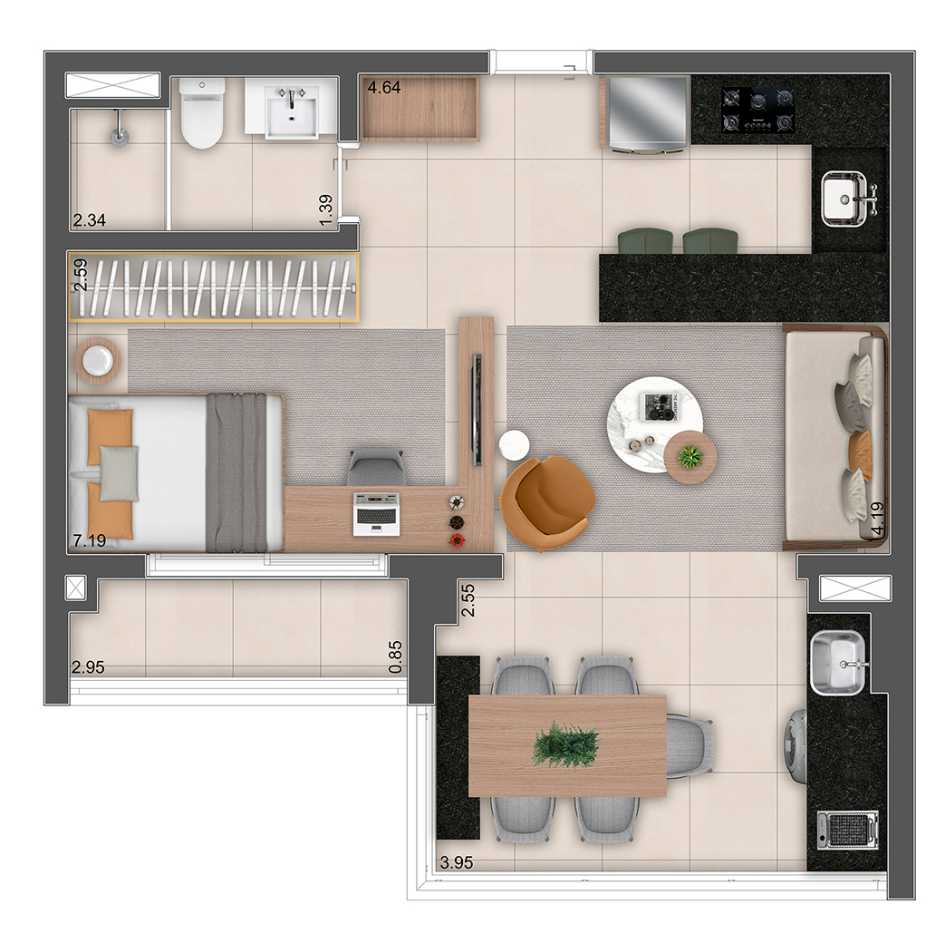 Planta 02 - 1 dorm 50,12m² - studio - opção