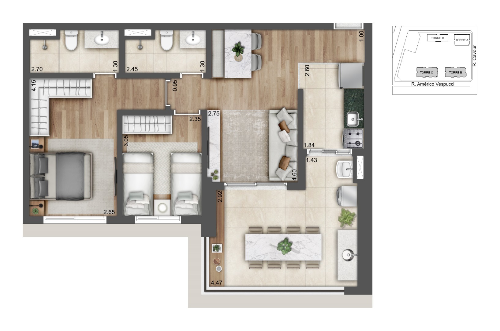 Planta 01 - 2 dorm 72m²