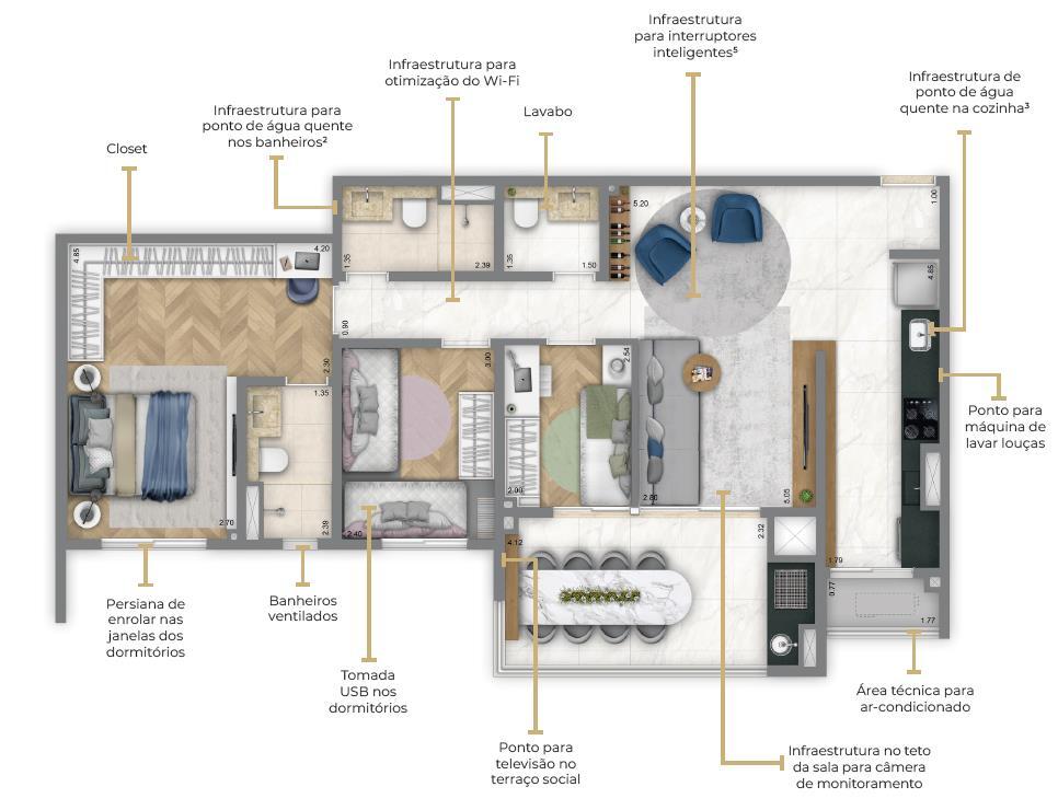 Planta 02 - 3 dorm 90m²