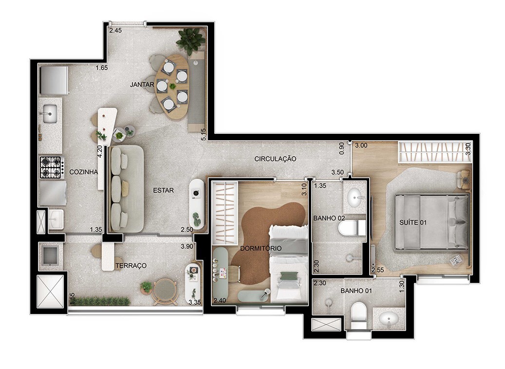 Planta 01 - 2 dorm 60m²
