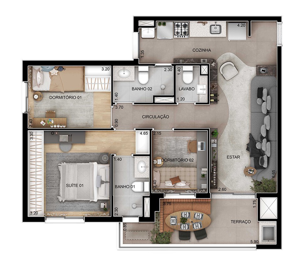 Planta 03 - 3 dorm 76,50m²