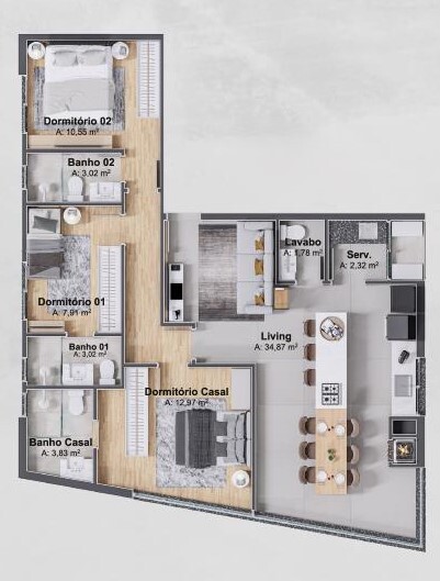 Planta 03 - 3 dorm 100m²