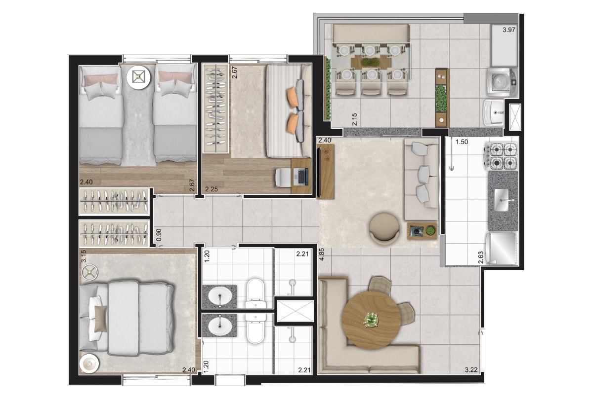 Planta 03 - 3 dorm 63m² Planta 03 - 3 dorm 63m²