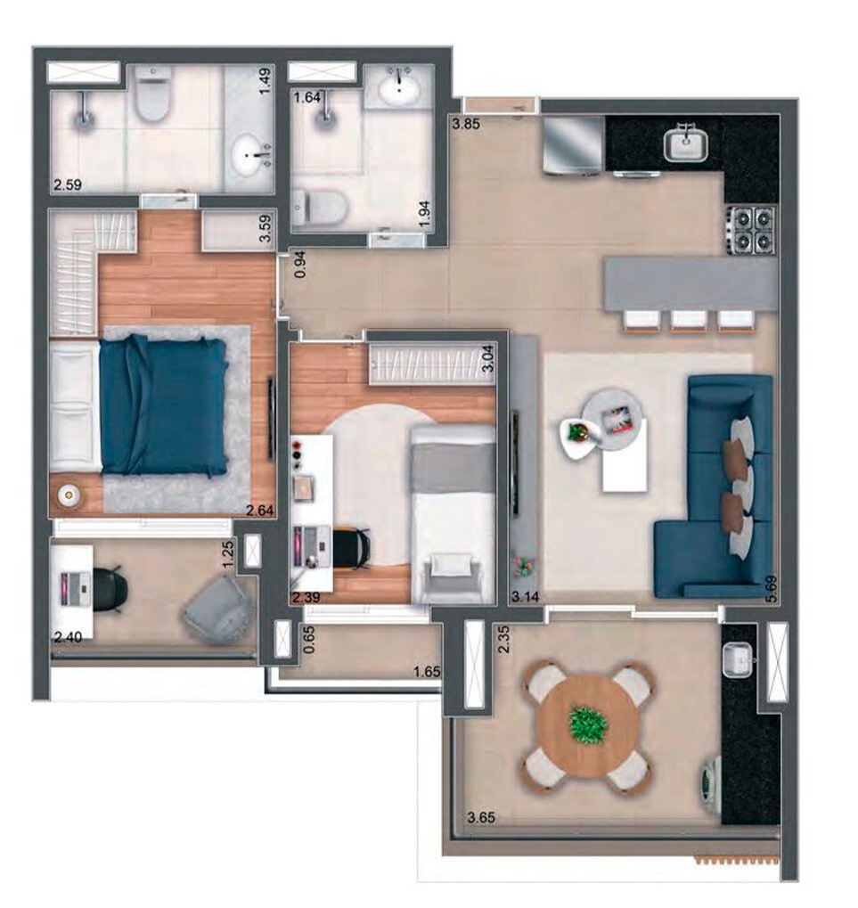 Planta 01 - 2 dorm 70,97m²