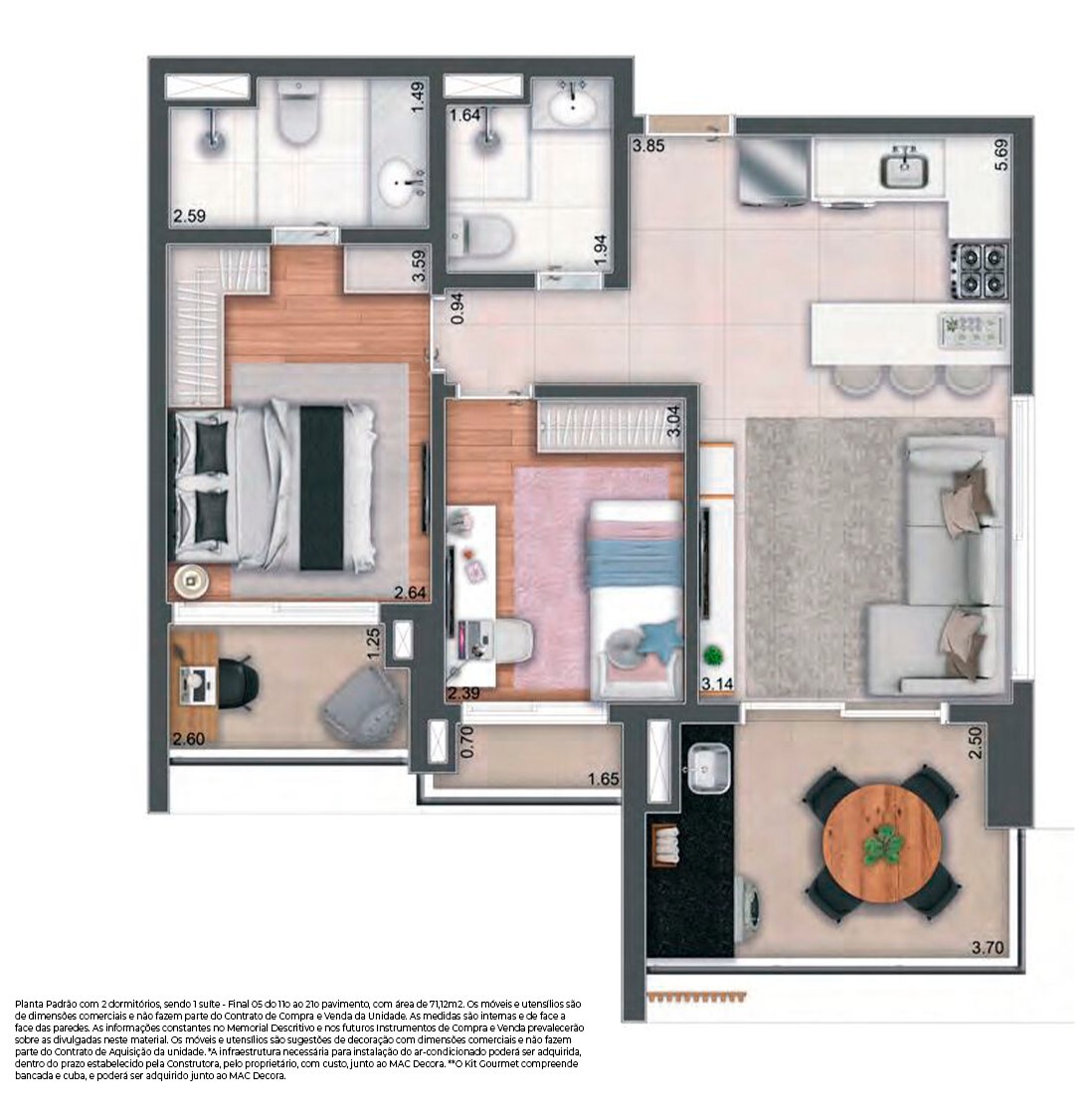 Planta 03 - 2 dorm 71,12m²