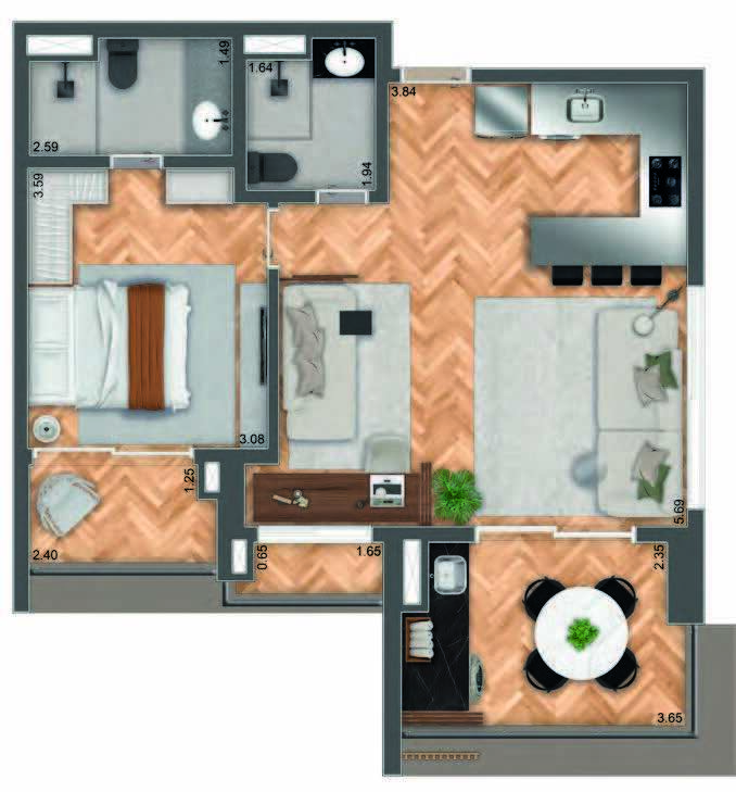 Planta 04 - 1 dorm 71,12m² - opção