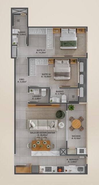 Planta 01 - 2 dorm 84,62m²