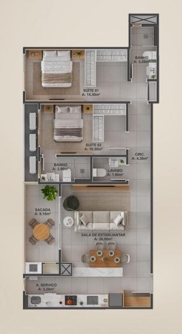 Planta 02 - 2 dorm 84,89m²