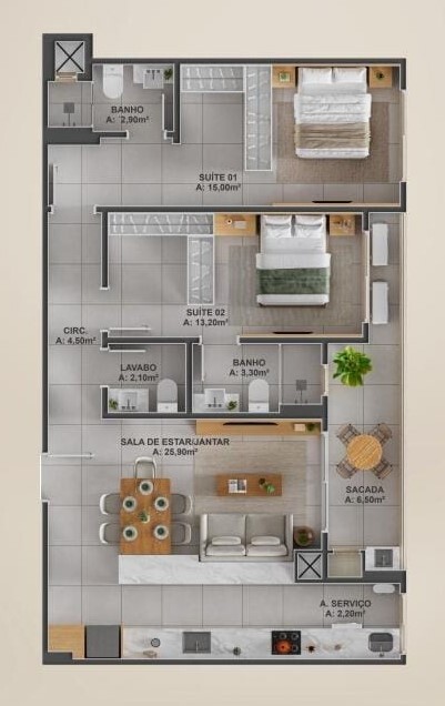 Planta 03 - 2 dorm 87,04m²