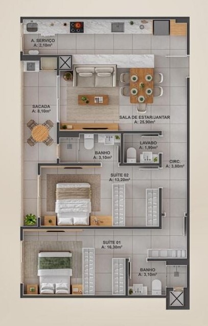 Planta 04 - 2 dorm 87,32m²