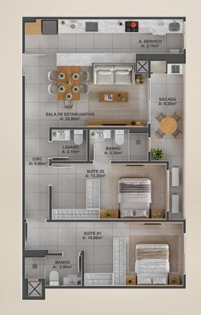 Planta 05 - 2 dorm 87,45m²