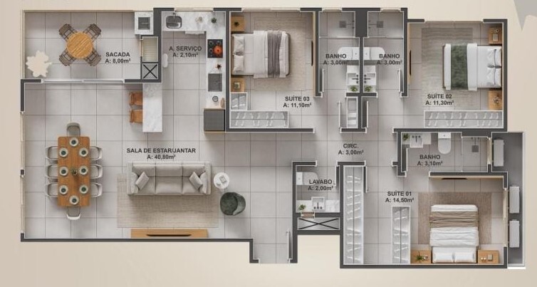 Planta 06 - 3 dorm 116,30m²
