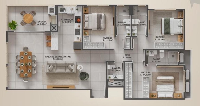 Planta 07 - 3 dorm 116,90m²
