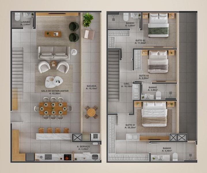 Planta 10 - 3 dorm 162,97m² - duplex