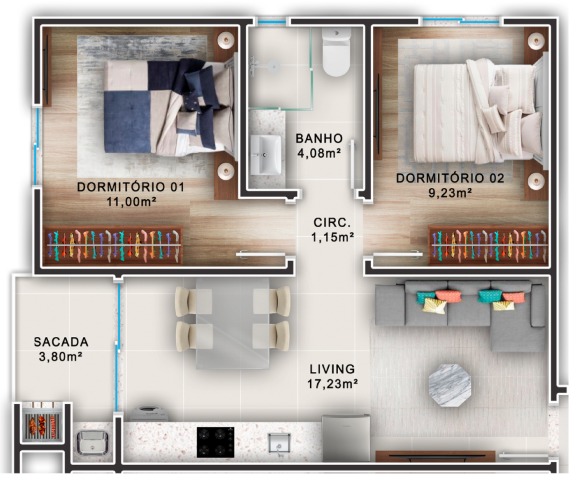 Planta 01 - 2 dorm 46m²