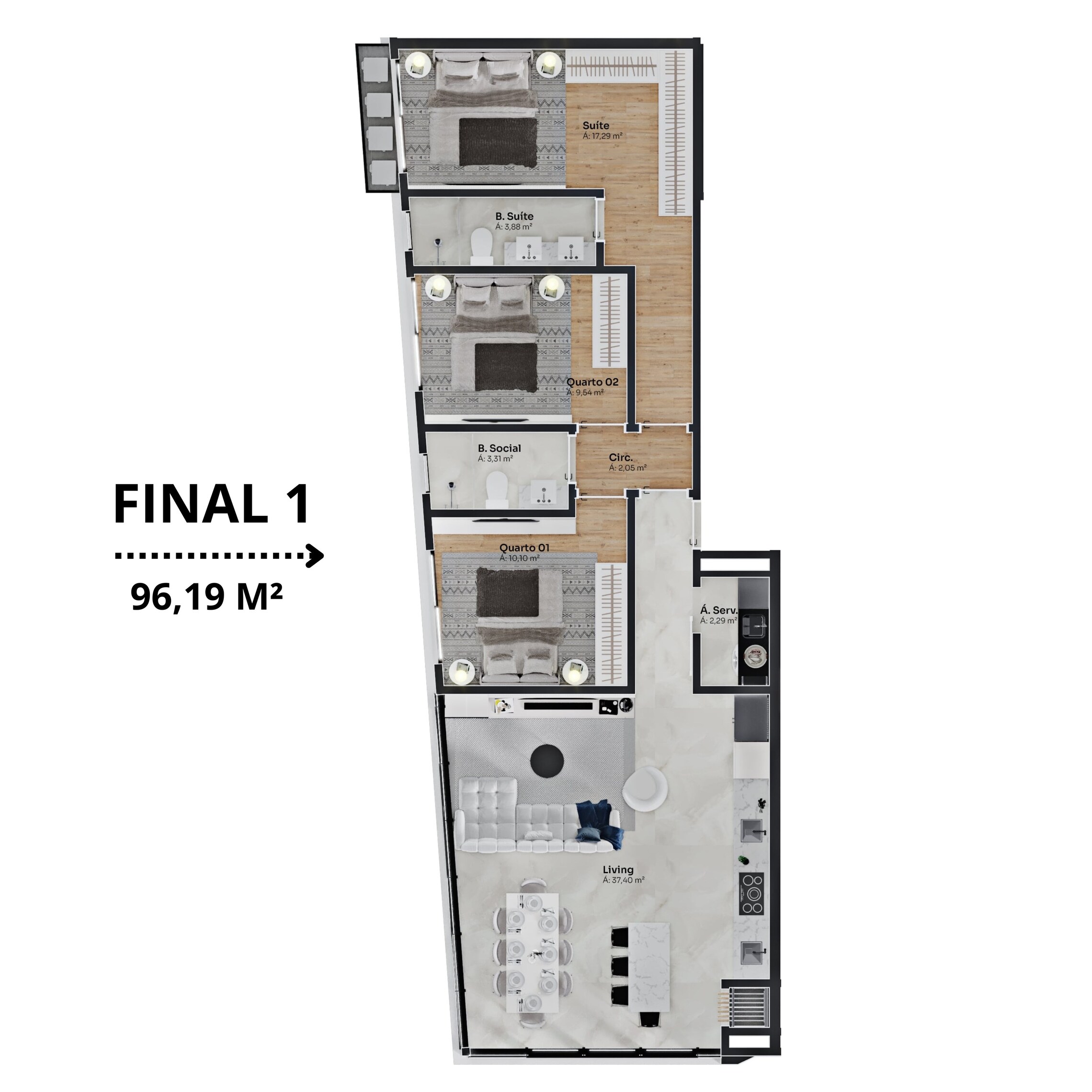 Planta 02 - 3 dorm 96,19m²
