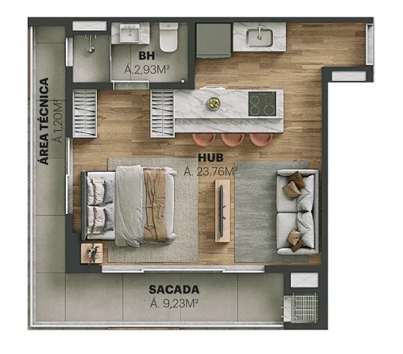 Planta 34 - 1 dorm 42,40m² - studio