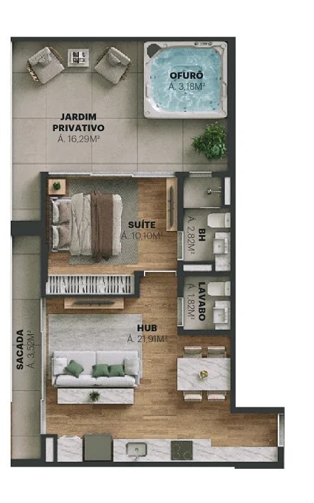 Planta 52 - 1 dorm 69,73m² - garden