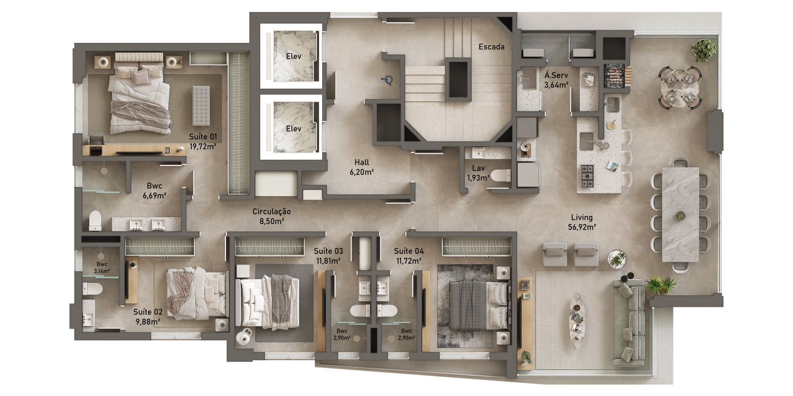 Planta 01 - 4 dorm 172m²