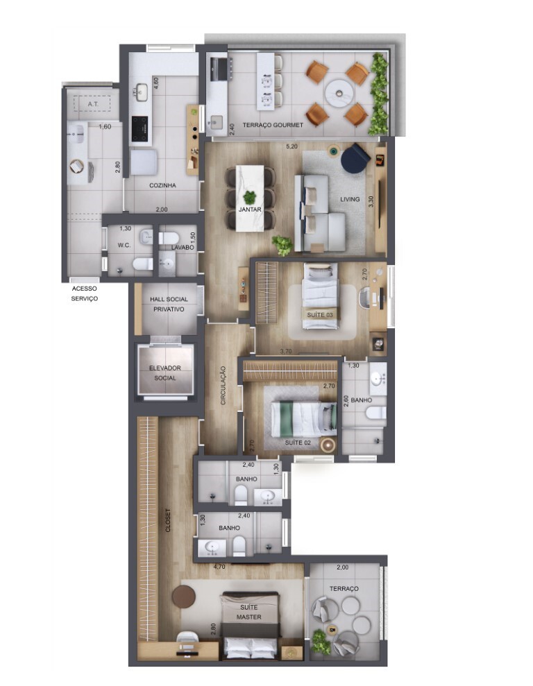 Planta 05 - 3 dorm 126m² - opção 2