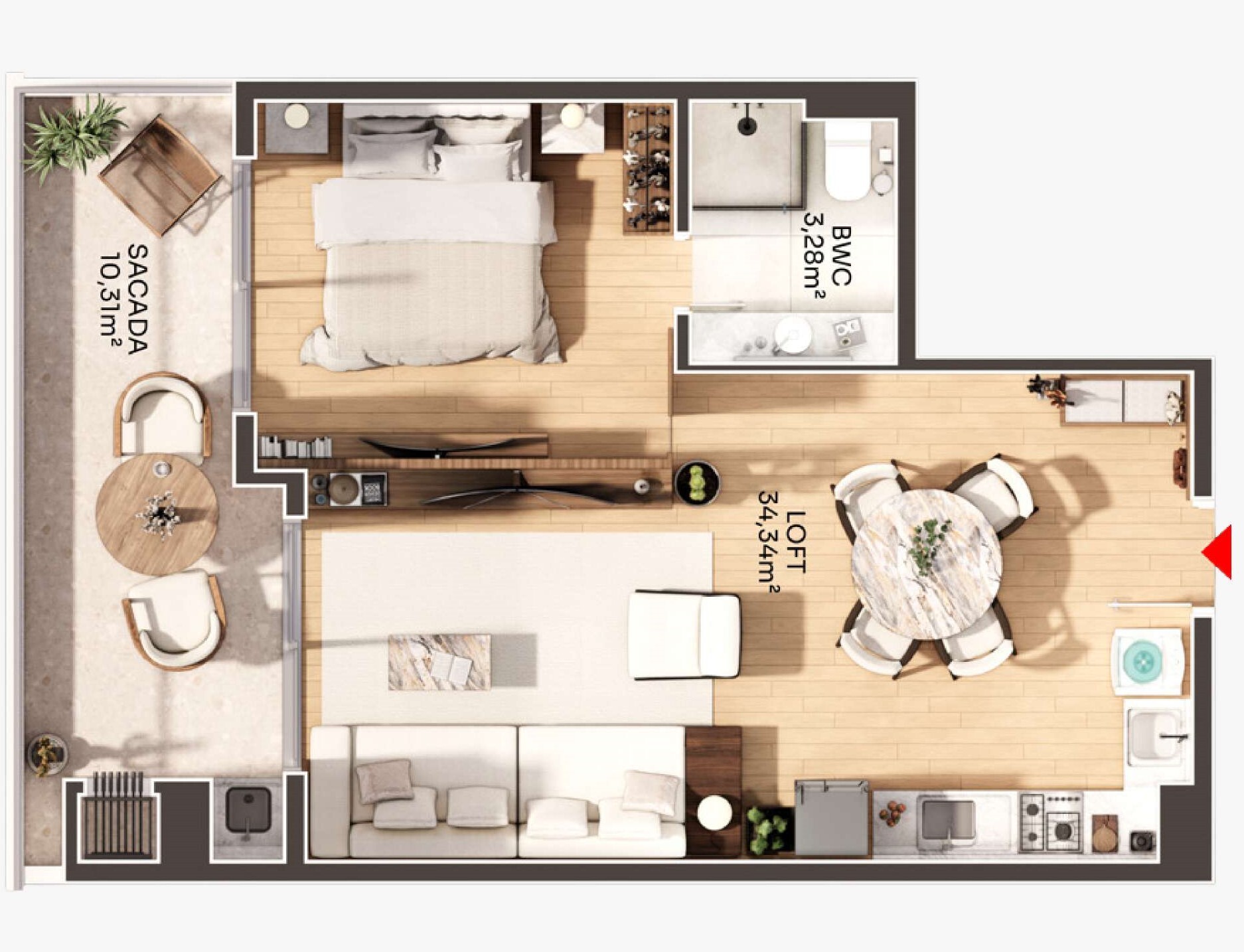 Planta 02 - 1 dorm 53,96m² - loft