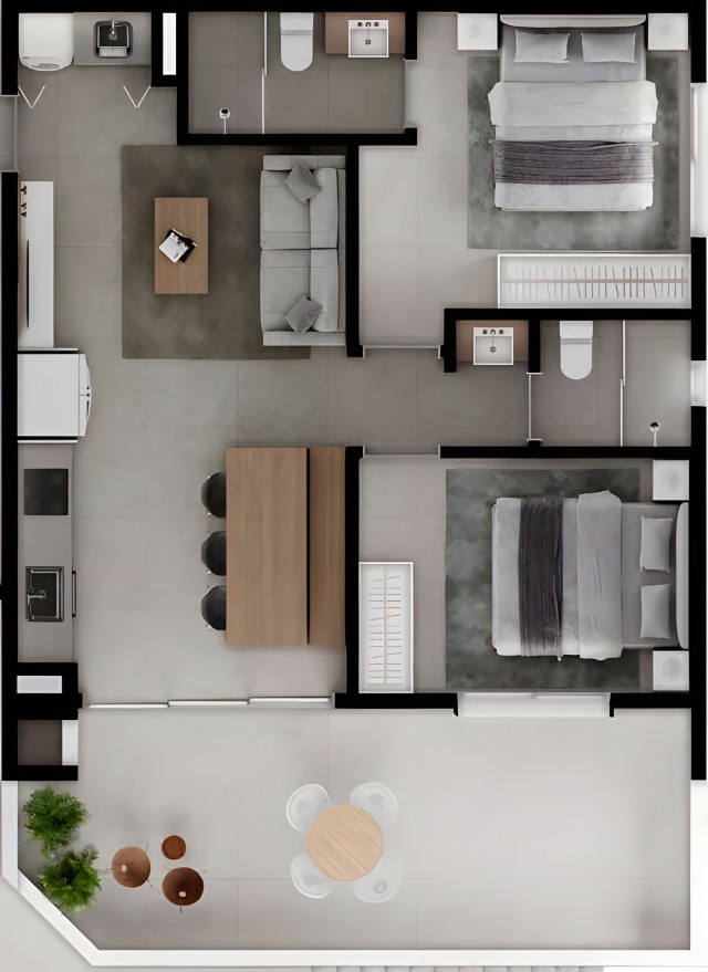 Planta 32 - 2 dorm 83,23m² - garden