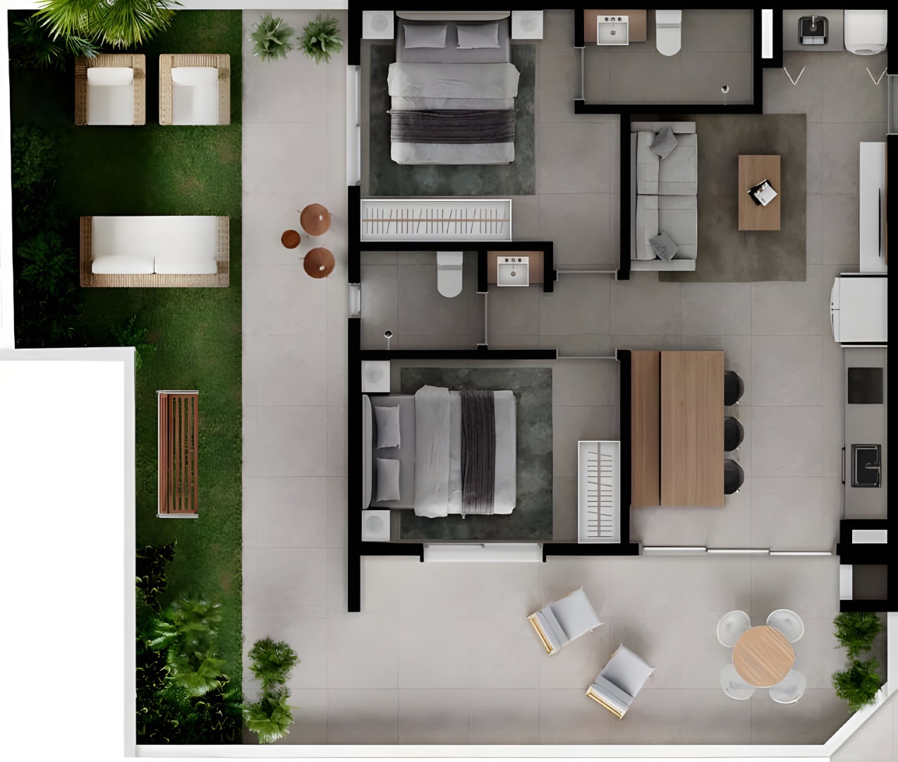 Planta 40 - 2 dorm 125,54m² - garden