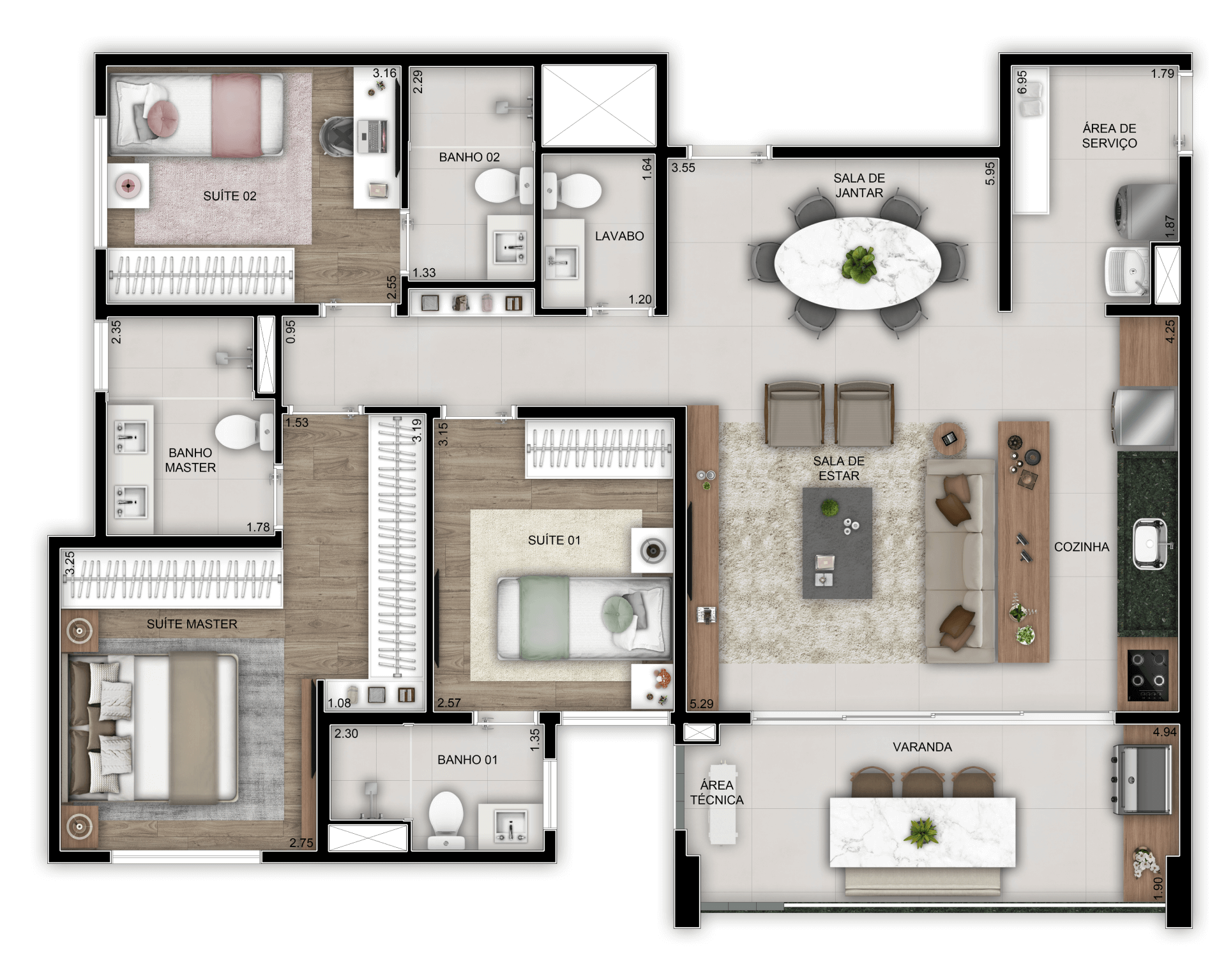 Planta 01 - 3 dorm 104,17m²