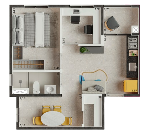 Planta 03 - 1 dorm 37m²