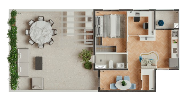 Planta 04 - 1 dorm 75,24m² - garden