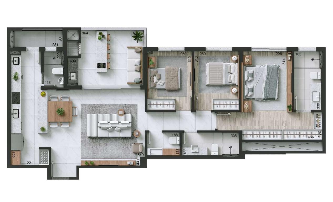 Planta 02 - 3 dorm 128m²