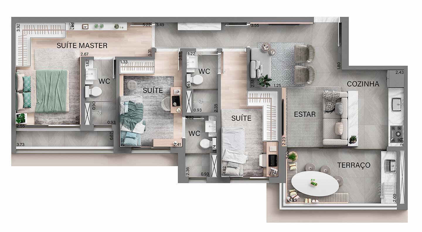 Planta 02 - 3 dorm 90m²